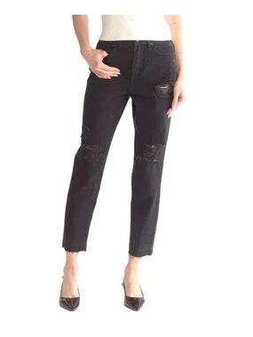 NWOT Rebecca Minkoff Straight Taper Jeans Distressed Crop Raw Hems Black Size 25